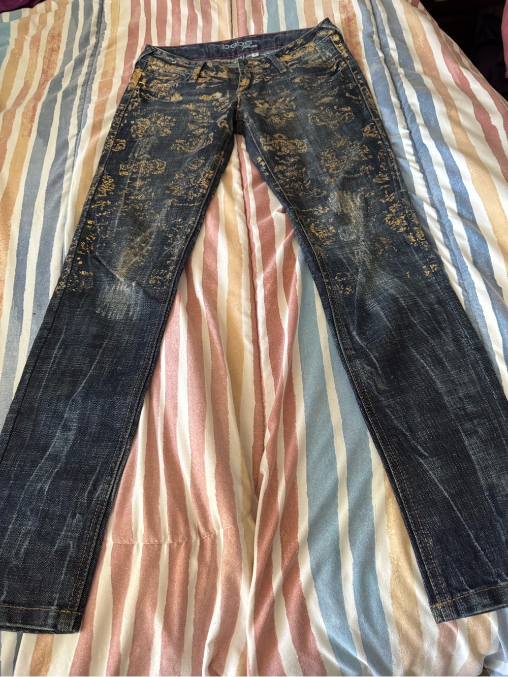 bebe Dark Wash Jeans with Gold Floral Metallic Print